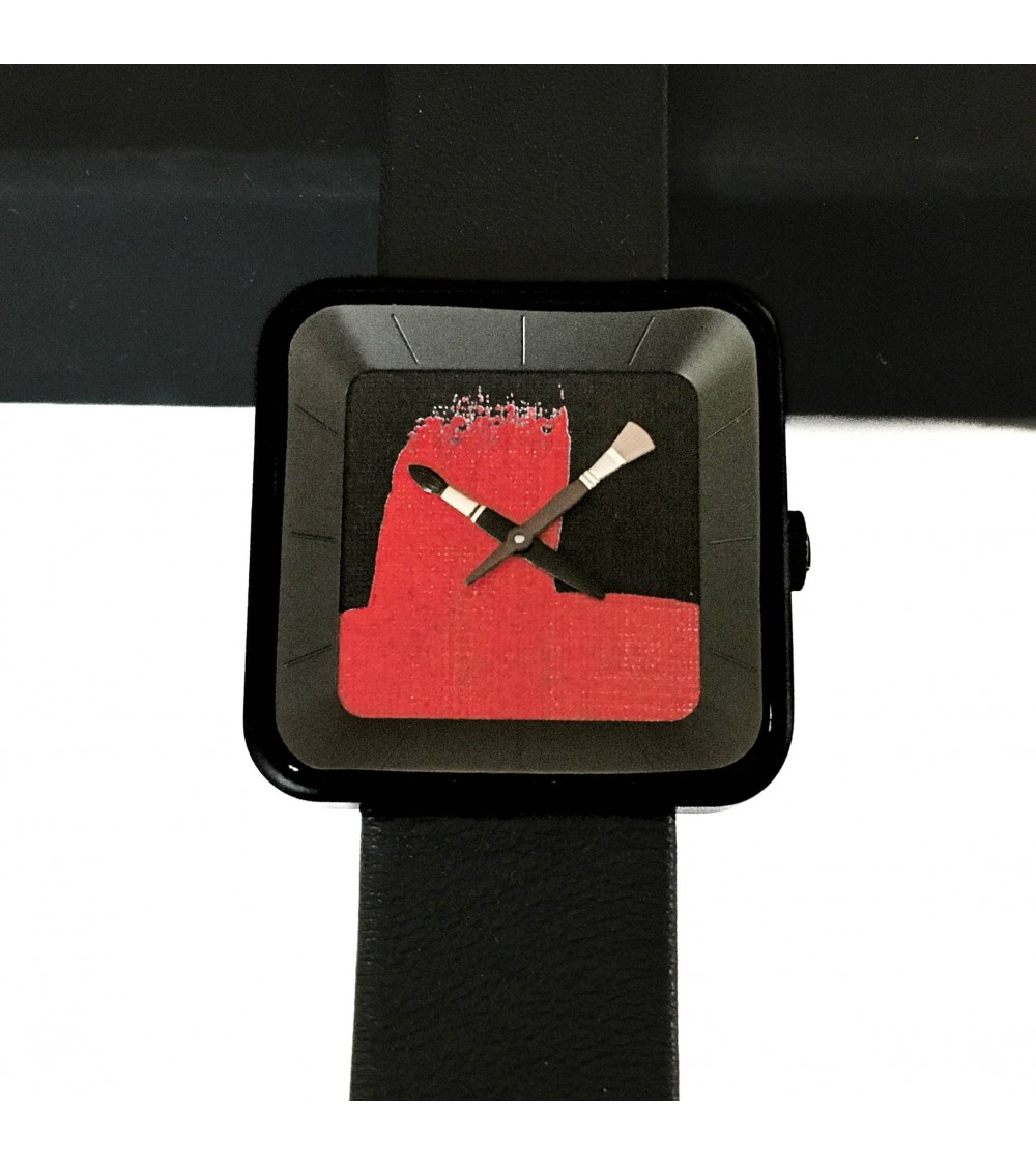 Montre AKTEO Peinture sQuare 35 Rouge-Noir, bracelet cuir noir.