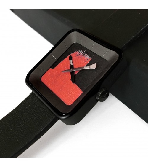 Montre AKTEO Peinture sQuare 35 Rouge-Noir, bracelet cuir noir.