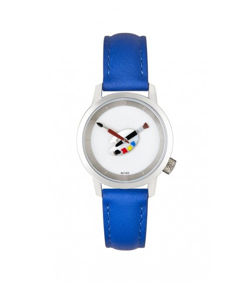 Montre AKTEO Peinture palette 29 Blanc, bracelet cuir bleu