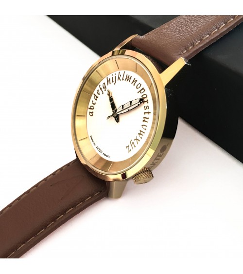 Montre AKTEO Ecrivain 38 Blanc-Or, bracelet cuir cognac