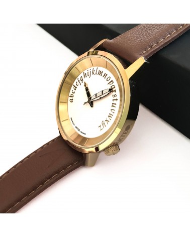 Montre AKTEO Ecrivain 38 Blanc-Or, bracelet cuir cognac