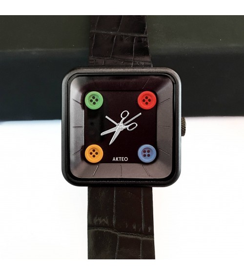 Montre AKTEO Couture Square 29 Noir-Noir, bracelet cuir noir