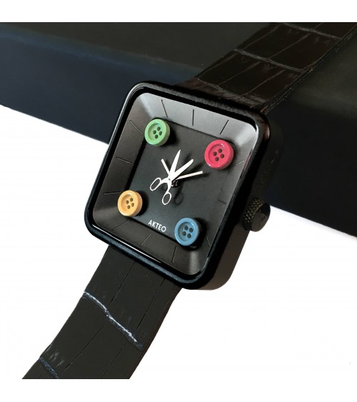 Montre AKTEO Couture Square 29 Noir-Noir, bracelet cuir noir