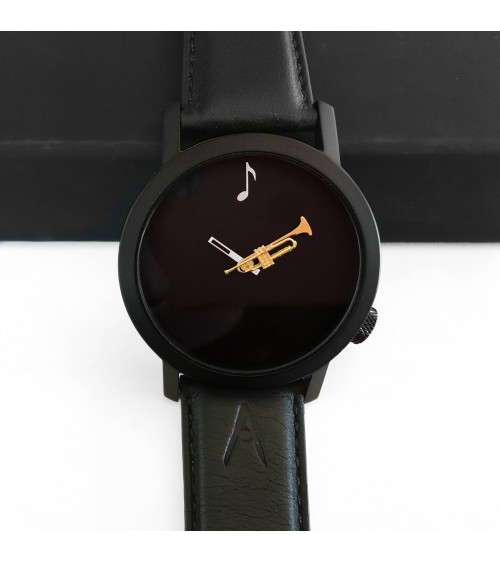 Montre AKTEO Musique Trompette 42 Noir-Noir, bracelet cuir noir