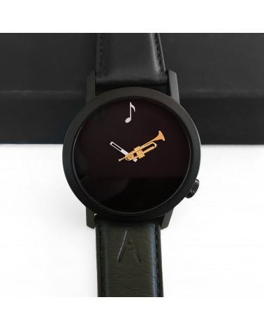 Montre AKTEO Musique Trompette 42 Noir-Noir, bracelet cuir noir