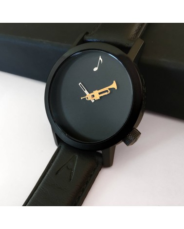 Montre AKTEO Musique Trompette 42 Noir-Noir, bracelet cuir noir