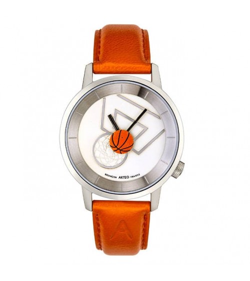 Montre Akteo Basket 38, Blanc-Acier inox, bracelet cuir orange