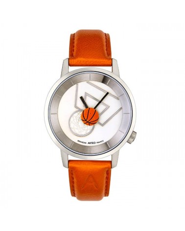 Montre Akteo Basket 38, Blanc-Acier inox, bracelet cuir orange