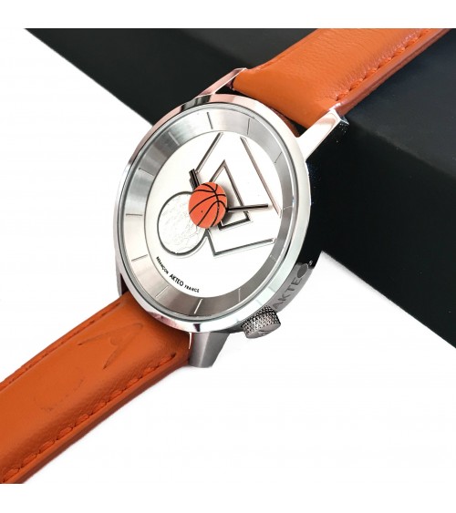 Montre Akteo Basket 38, Blanc-Acier inox, bracelet cuir orange