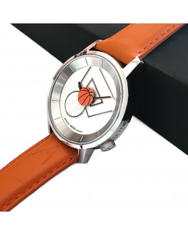 Montre Akteo Basket 38, Blanc-Acier inox, bracelet cuir orange