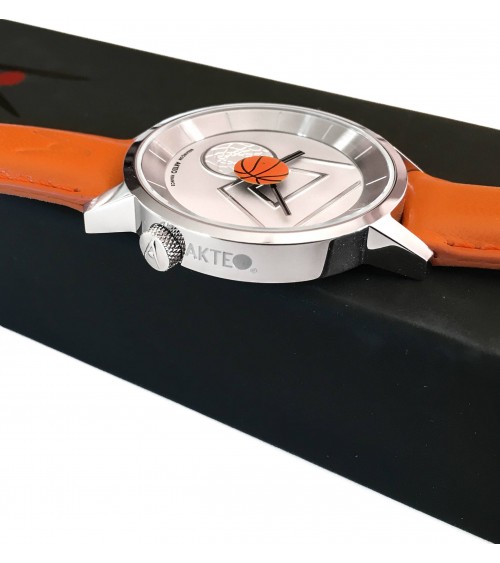 Montre Akteo Basket 38, Blanc-Acier inox, bracelet cuir orange