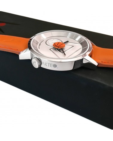 Montre Akteo Basket 38, Blanc-Acier inox, bracelet cuir orange