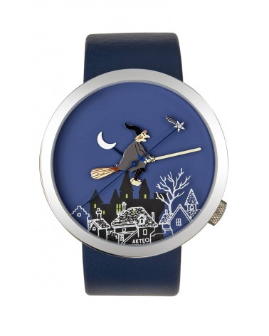 Montre AKTEO Sorcière 48 Bleu nuit-Acier inox, bracelet cuir bleu foncé