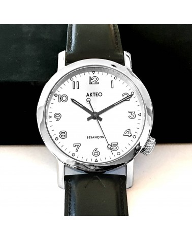Montre AKTEO Besançon 42 Blanc-Acier inox, bracelet cuir noir