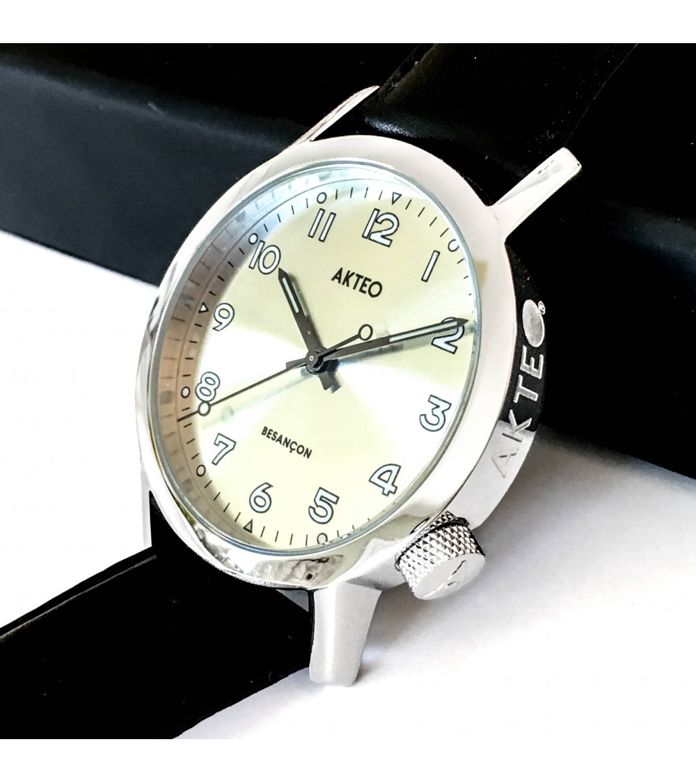 Montre AKTEO Besançon 42 Blanc-Acier inox, bracelet cuir noir