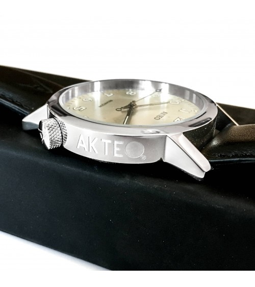 Montre AKTEO Besançon 42 Blanc-Acier inox, bracelet cuir noir
