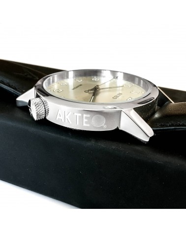 Montre AKTEO Besançon 42 Blanc-Acier inox, bracelet cuir noir