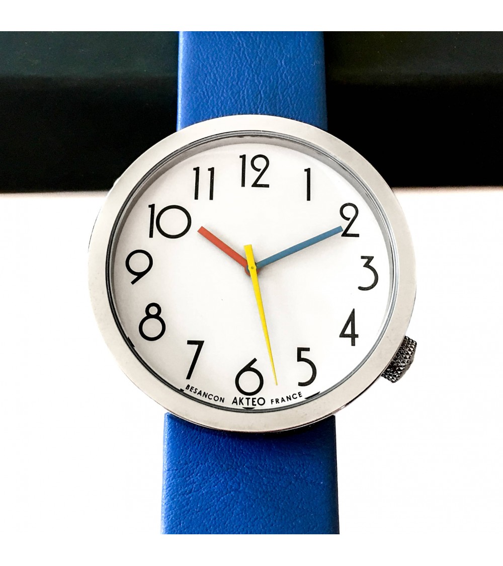 Montre AKTEO Persepolis 48 Blanc-Acier inox, bracelet cuir bleu