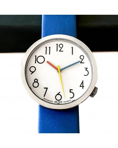 Montre AKTEO Persepolis 48 Blanc-Acier inox, bracelet cuir bleu
