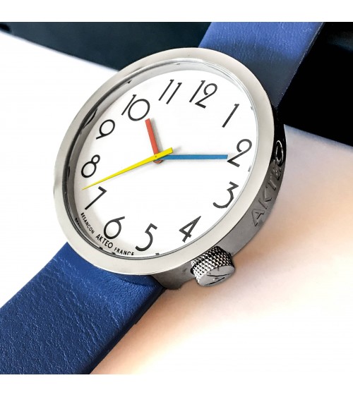 Montre AKTEO Persepolis 48 Blanc-Acier inox, bracelet cuir bleu