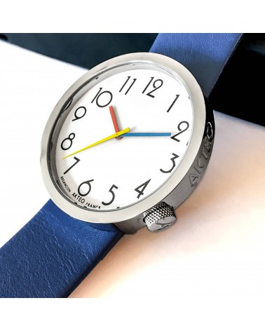 Montre AKTEO Persepolis 48 Blanc-Acier inox, bracelet cuir bleu