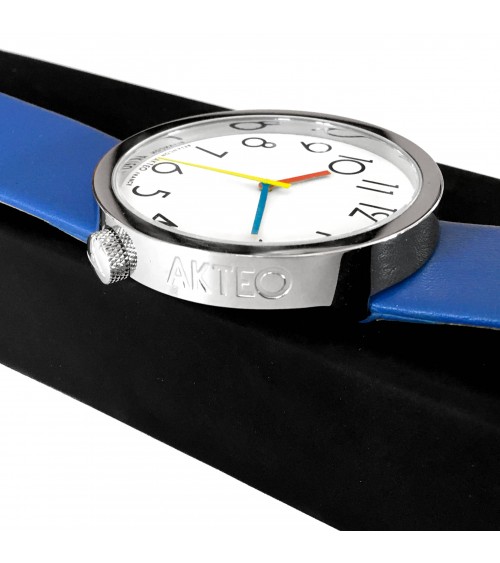 Montre AKTEO Persepolis 48 Blanc-Acier inox, bracelet cuir bleu