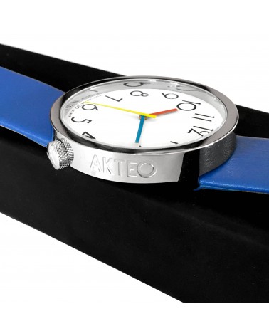 Montre AKTEO Persepolis 48 Blanc-Acier inox, bracelet cuir bleu