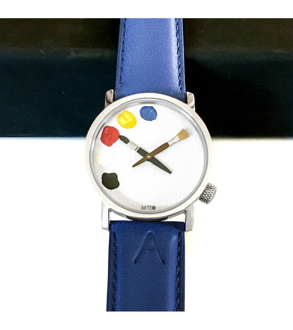 Montre AKTEO Peinture palette 32 Blanc-Acier inox, bracelet cuir bleu