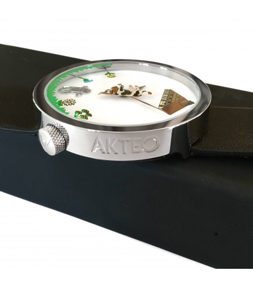 Montre AKTEO Alpage 48 Blanc-Acier inox, bracelet cuir noir