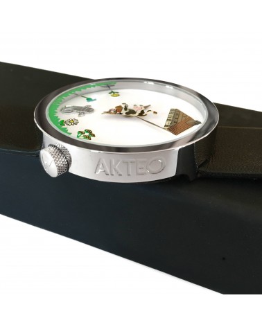 Montre AKTEO Alpage 48 Blanc-Acier inox, bracelet cuir noir