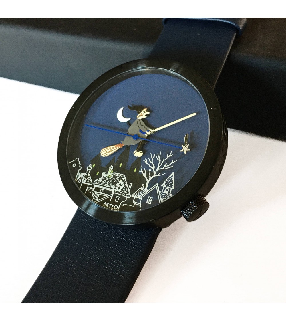 Montre AKTEO Sorcière 48 Bleu nuit-Noir, bracelet cuir bleu nuit
