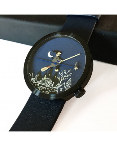 Montre AKTEO Sorcière 48 Bleu nuit-Noir, bracelet cuir bleu nuit