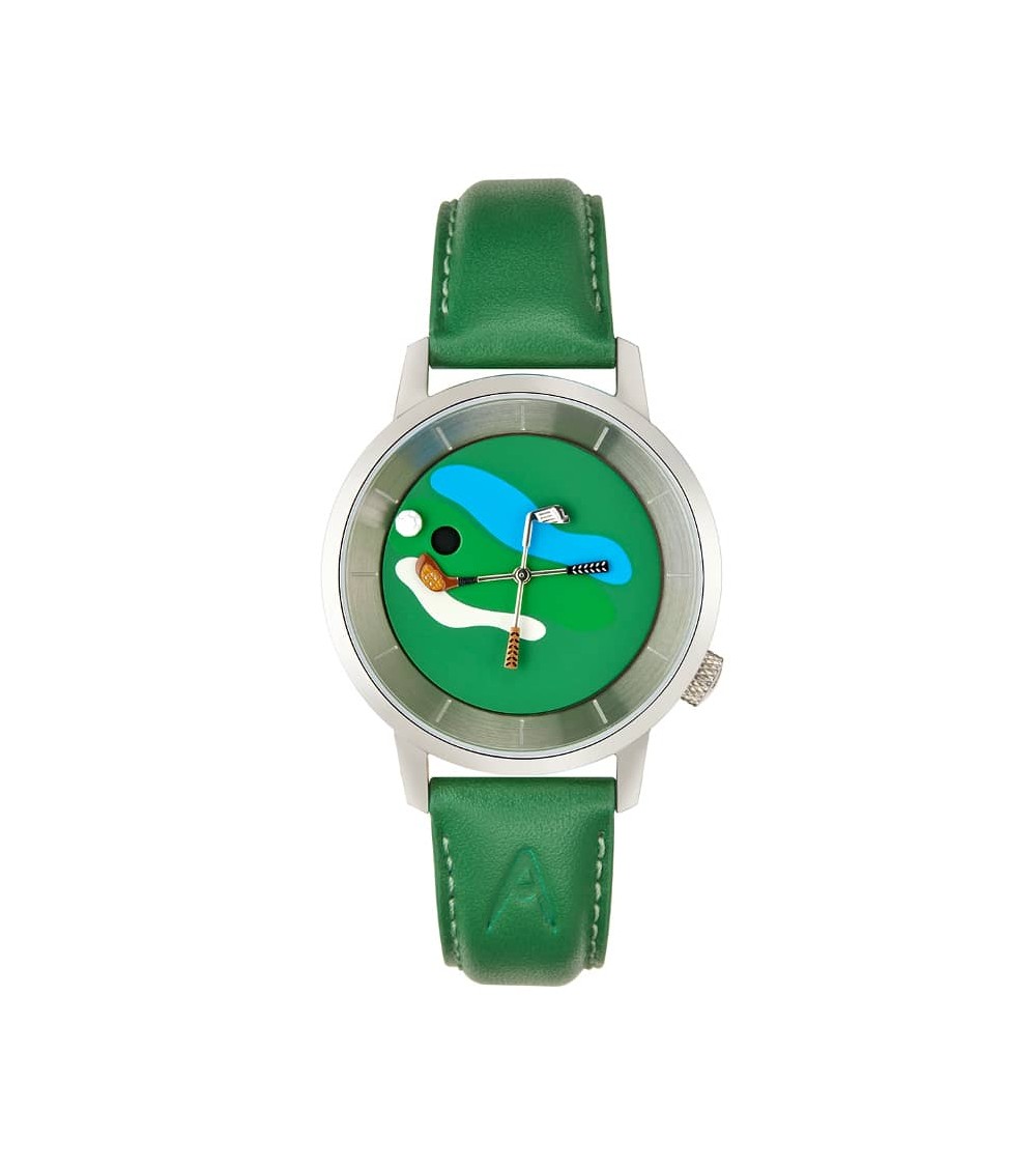 Montre Akteo Golf 38 Vert-Acier brossé, bracelet cuir vert