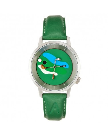 Montre Akteo Golf 38 Vert-Acier brossé, bracelet cuir vert