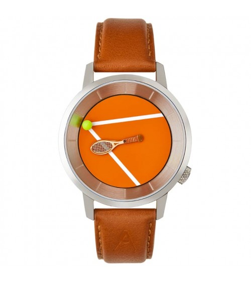 Montre Akteo Tennis 38, brun terre battue-Acier brossé, bracelet cuir brun