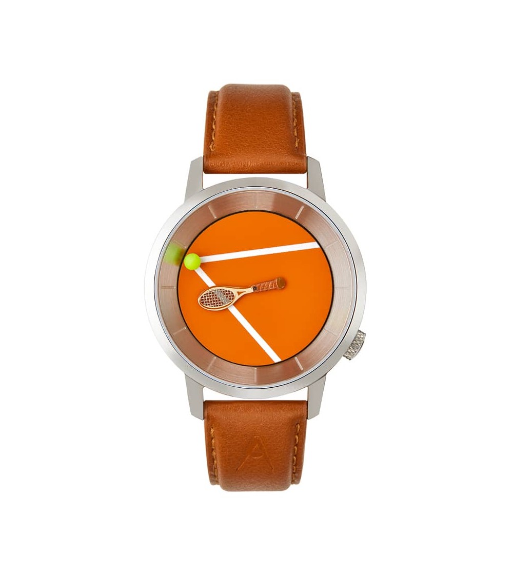 Montre Akteo Tennis 38, brun terre battue-Acier brossé, bracelet cuir brun