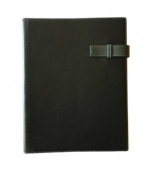 Porte-bloc PA Derby format A4 cuir anthracite, 1 compartiment cartes et 1 pour feuilles A4, boucle stylo, bloc-notes.