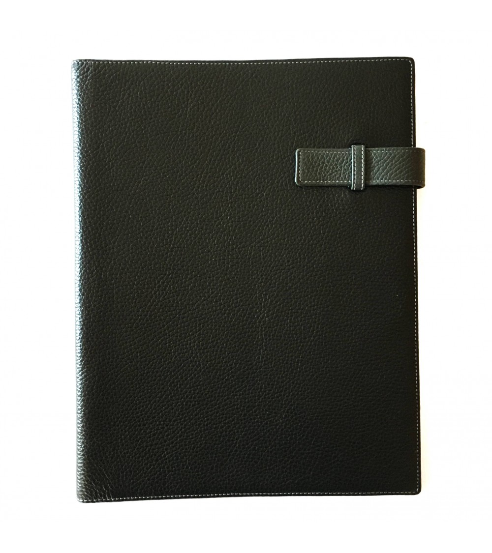 Porte-bloc PA Derby format A4 cuir anthracite, 1 compartiment cartes et 1 pour feuilles A4, boucle stylo, bloc-notes.