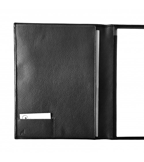 Porte-bloc PA Derby format A4 cuir anthracite, 1 compartiment cartes et 1 pour feuilles A4, boucle stylo, bloc-notes.