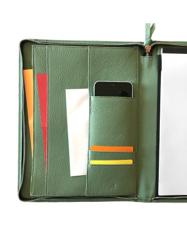 Porte-bloc PA Derby format A4 cuir sauge avec fermeture éclair