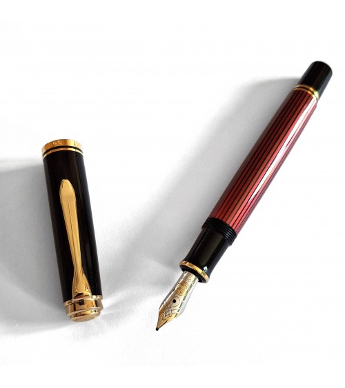 Stylo-plume à piston Pelikan Souverän 600 Red Black, plume bicolore or 14 carats rhodié