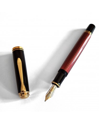 Stylo-plume à piston Pelikan Souverän 600 Red Black, plume bicolore or 14 carats rhodié