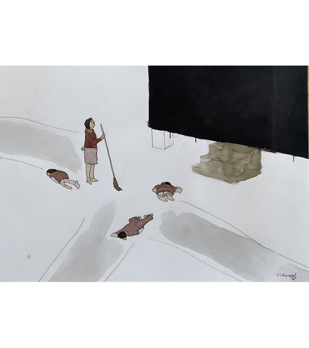 Tableau titré « Balai en main », 2019, par le peintre cubain Vladimir Carvajal