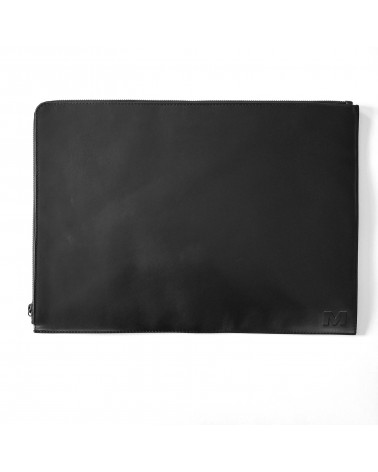 Poche plate zippée sur deux côtés pour grands formats, cuir noir doublé tissu.