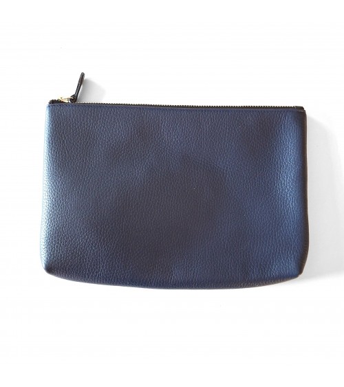 Poche plate zippée pour format A5, cuir grainé bleu foncé