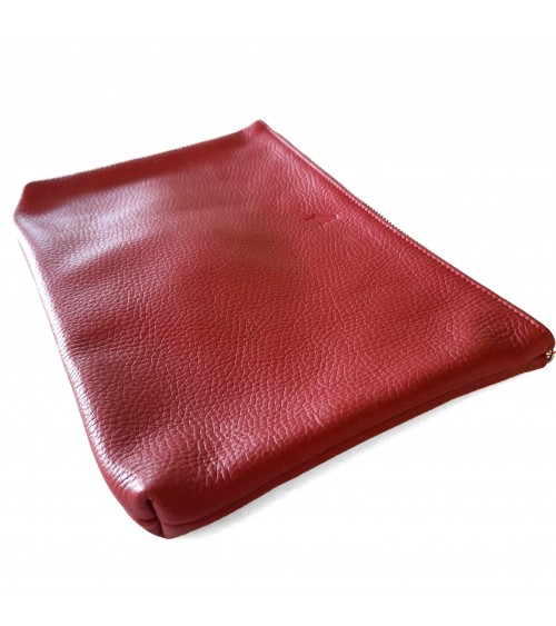 Poche plate zippée pour format A5, cuir grainé rouge bordeaux