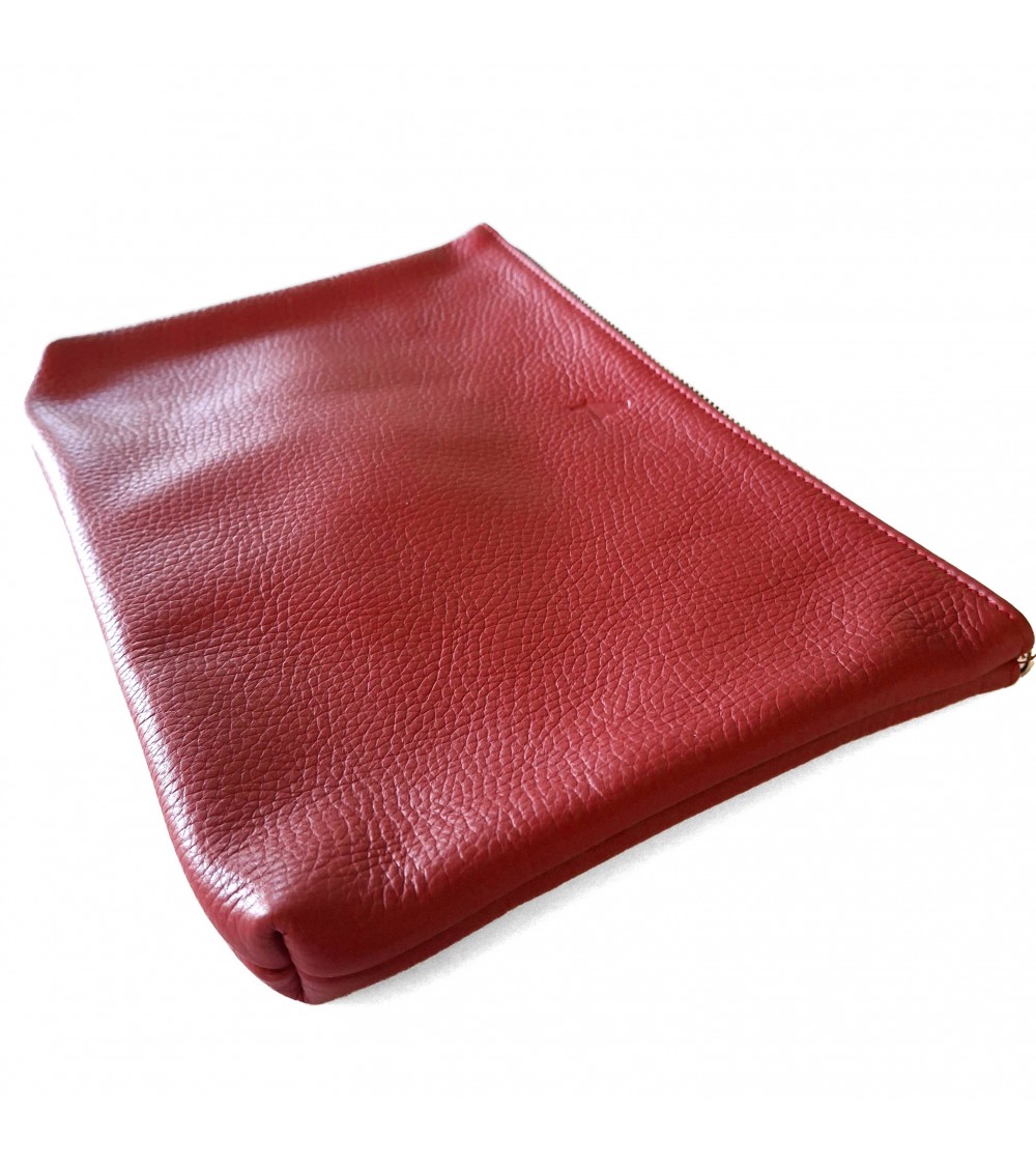 Poche plate zippée pour format A5, cuir grainé rouge bordeaux