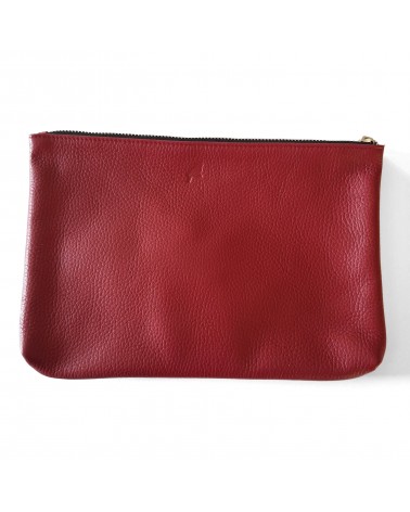 Poche plate zippée pour format A5, cuir grainé rouge bordeaux