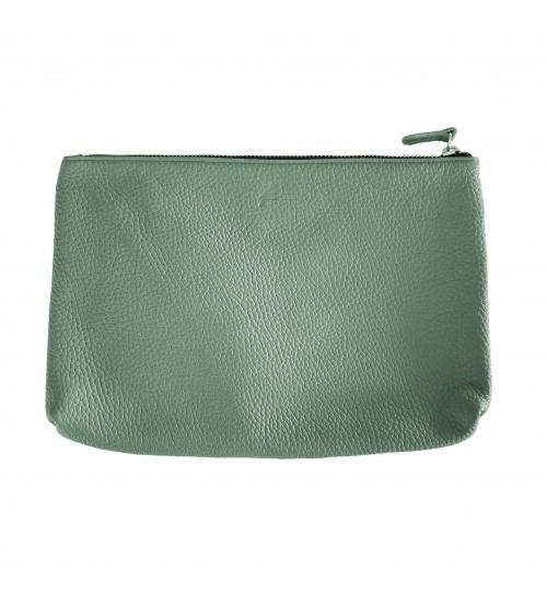 Poche plate zippée pour format A5, cuir grainé vert sauge