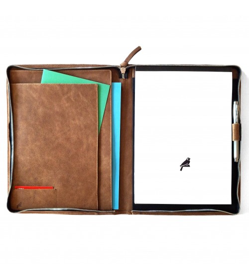 Porte-bloc zippé PA Montana format A4 cuir brun clair, bloc-notes et boucle stylo